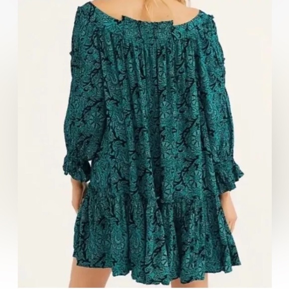 Free People See Ya Later Green Black/Turquoise Smocked Floral Dress Size XS - Picture 4 of 12